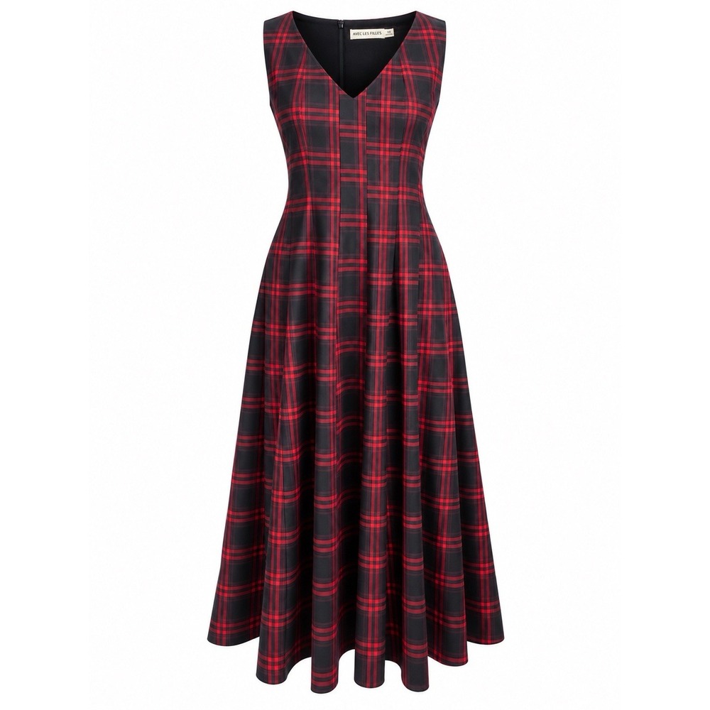 NWT Avec Les Filles Sleeveless Red Black Plaid Dress Sz 10 Holiday Dark Academia